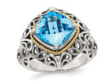 3.60 Carat (ctw) Blue Topaz Cushion-Cut Ring in Sterling Silver with 14K Gold Accent